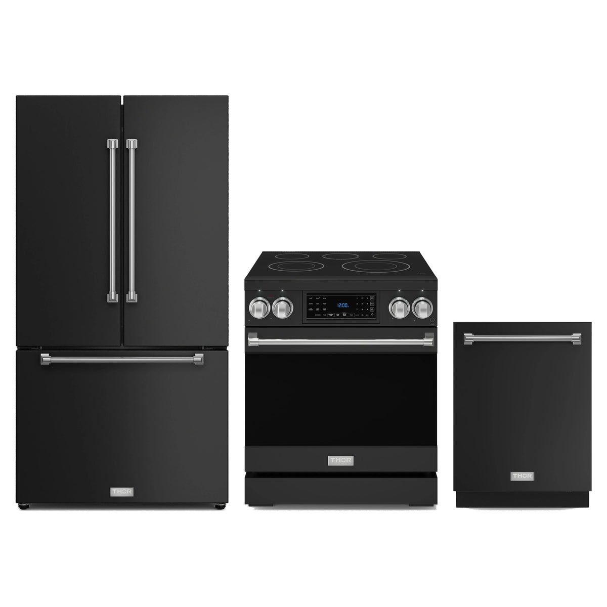 Gordon Ramsay by Thor Kitchen 3-Piece Appliance Package - 30-Inch Electric Range with Tilt Panel Touch Control, 36-Inch Refrigerator, and Dishwasher in Matte Black with Stainless Steel Trim
