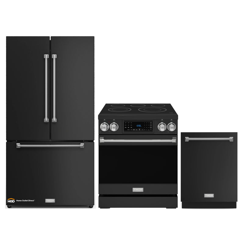 Thor Kitchen Gordon Ramsay 3-Piece Appliance Package - 30-Inch Electric Range with Tilt Panel Touch Control, 36-Inch Refrigerator, and Dishwasher in Black with Stainless Steel Trim