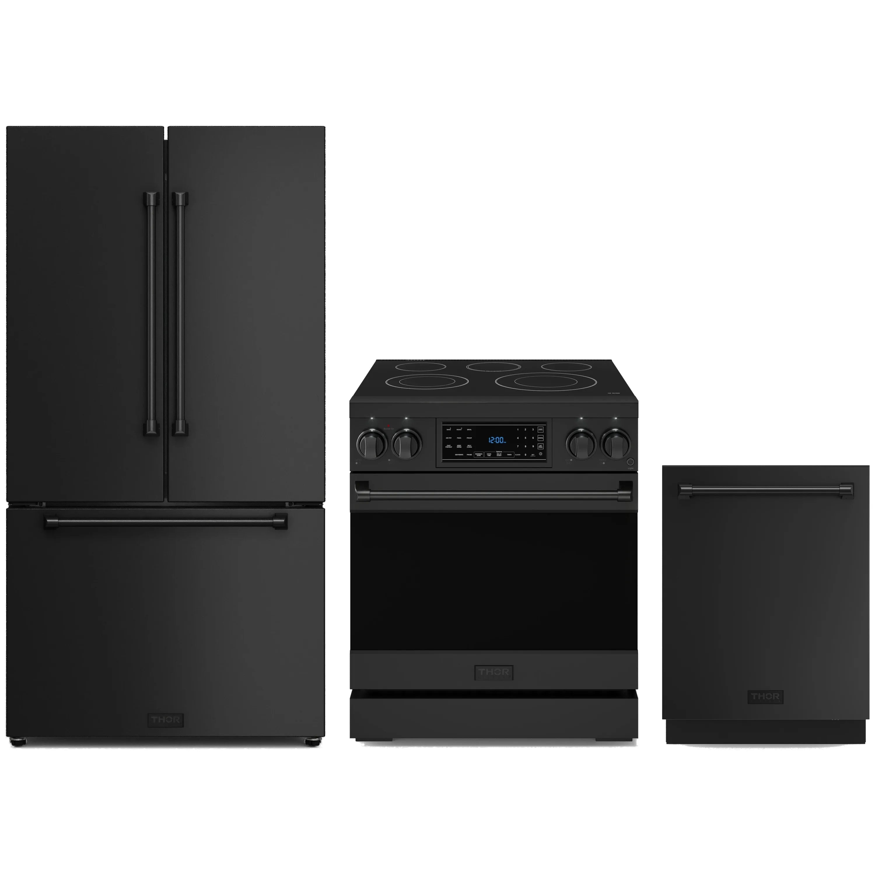 Black 3-piece kitchen appliance set with electric range, refrigerator, and dishwasher