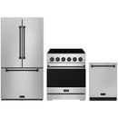 Stainless steel Thor Kitchen appliance package with 30-inch range, counter-depth refrigerator, dishwasher