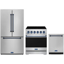 Stainless steel Thor Kitchen appliance package with 30-inch range, counter-depth refrigerator, dishwasher
