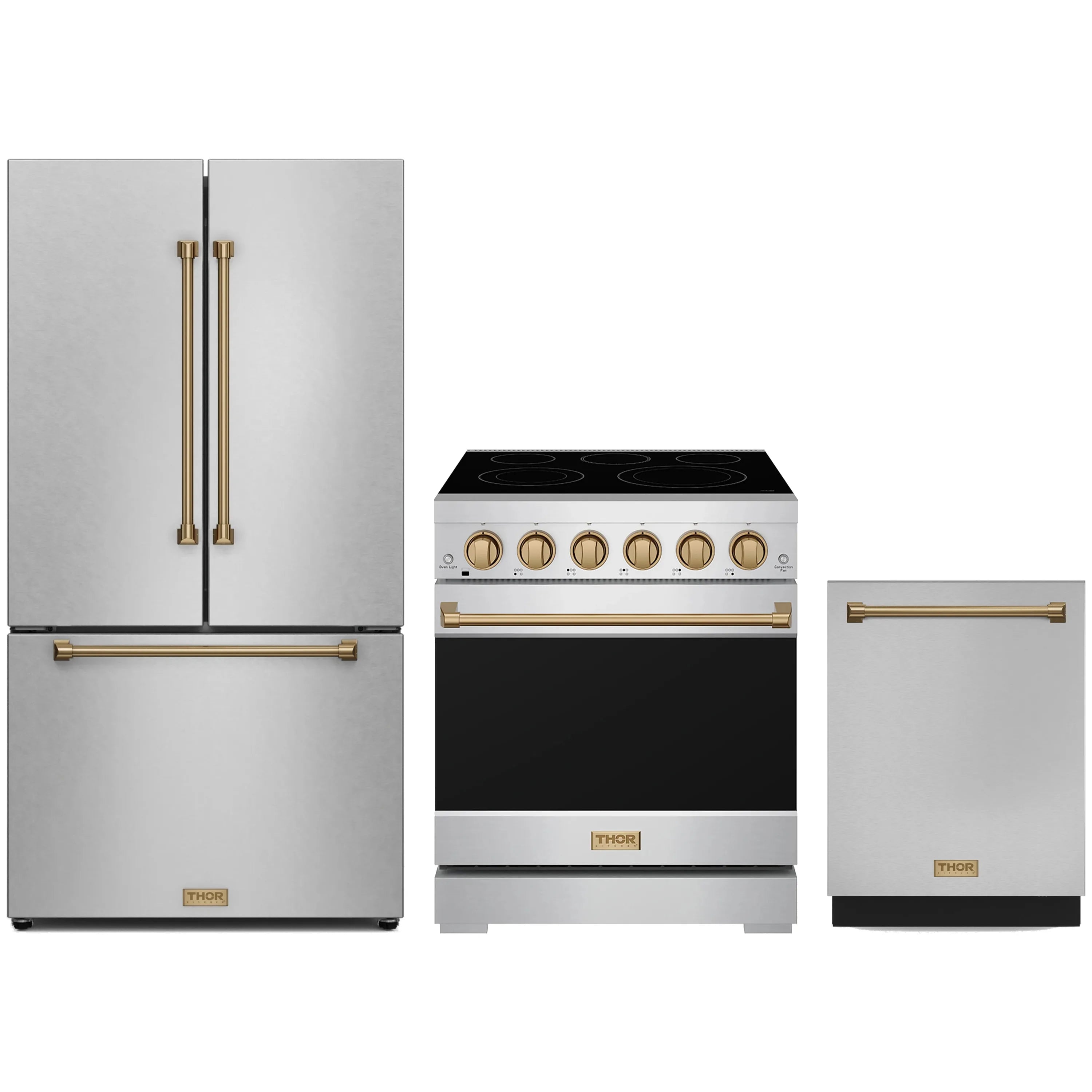 Stainless electric range, counter-depth refrigerator, and dishwasher with bronze trim