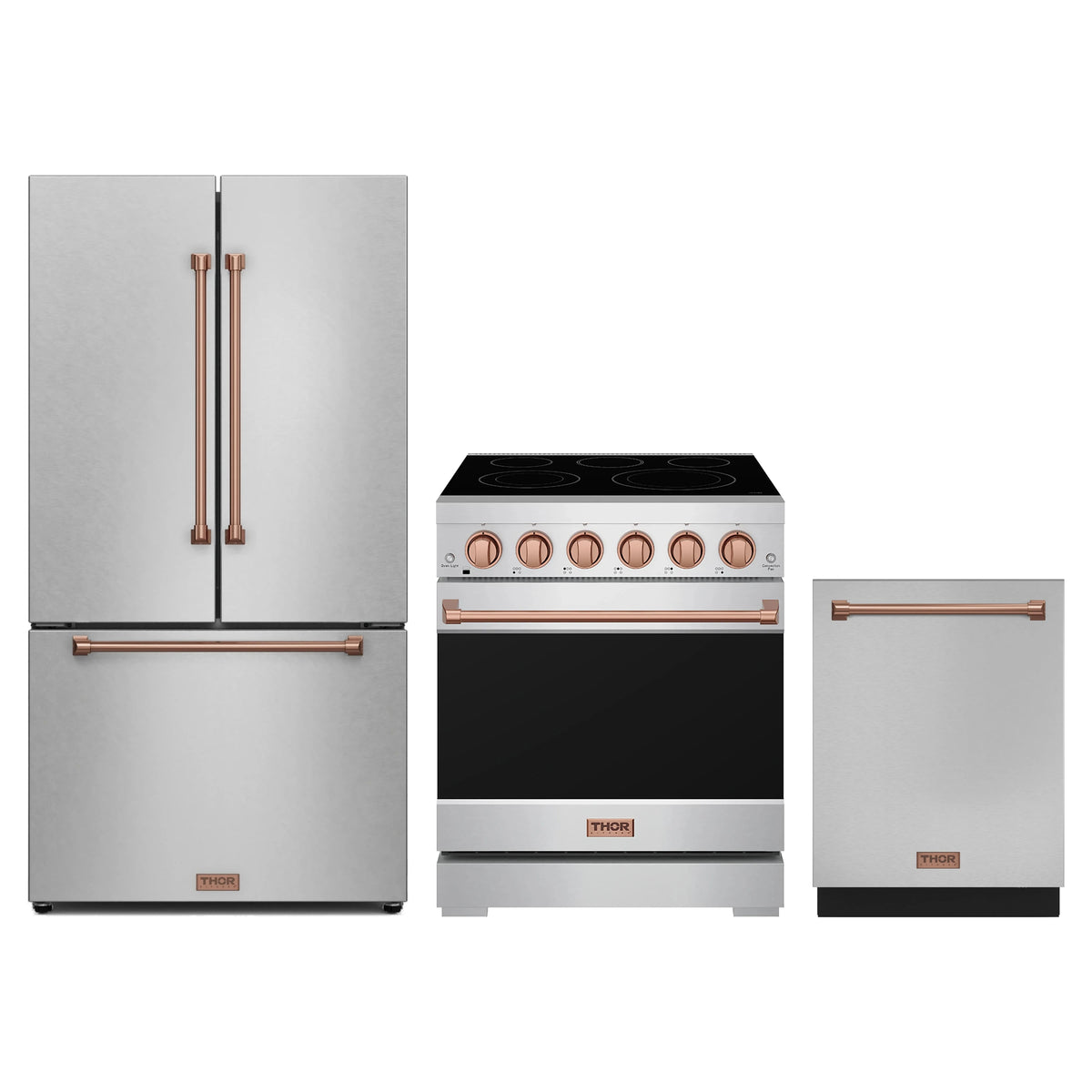 Gordon Ramsay by Thor Kitchen 3-Piece Appliance Package - 30-Inch Electric Range, Counter-Depth Refrigerator, & Dishwasher in Stainless Steel with Rose Gold Trim