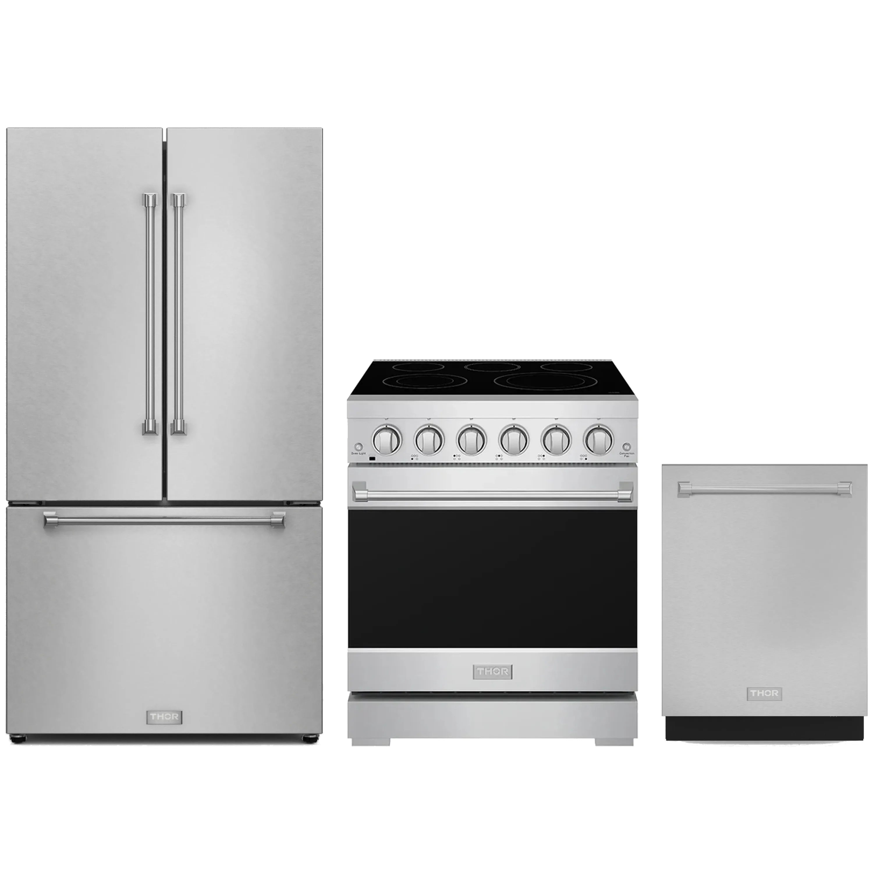 Stainless steel electric range with black glass cooktop and control knobs