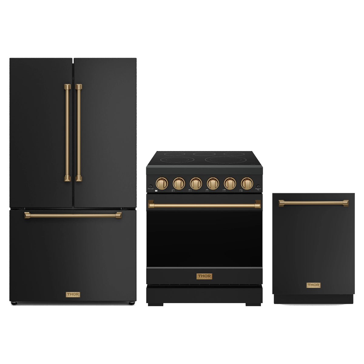 Gordon Ramsay by Thor Kitchen 3-Piece Appliance Package - 30-Inch Electric Range, Counter-Depth Refrigerator, & Dishwasher in Matte Black with Bronze Trim
