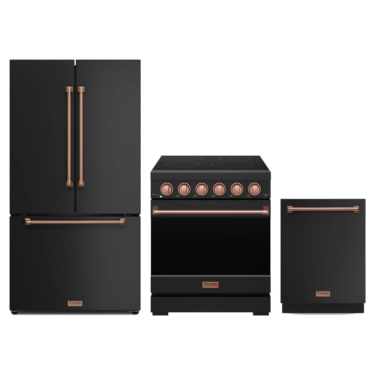 Gordon Ramsay by Thor Kitchen 3-Piece Appliance Package - 30-Inch Electric Range, Counter-Depth Refrigerator, & Dishwasher in Matte Black with Rose Gold Trim