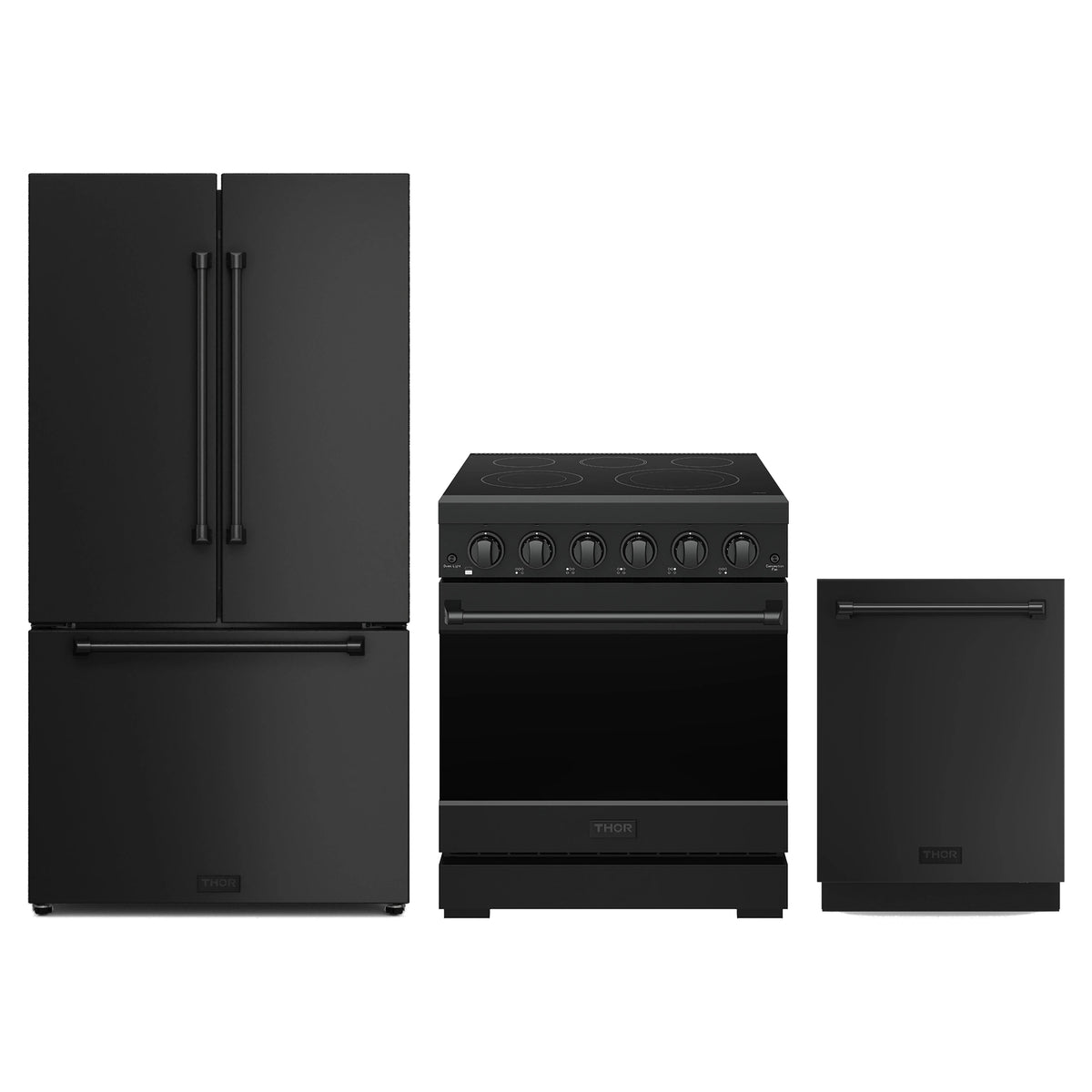 Gordon Ramsay by Thor Kitchen 3-Piece Appliance Package - 30-Inch Electric Range, Counter-Depth Refrigerator, & Dishwasher in Matte Black