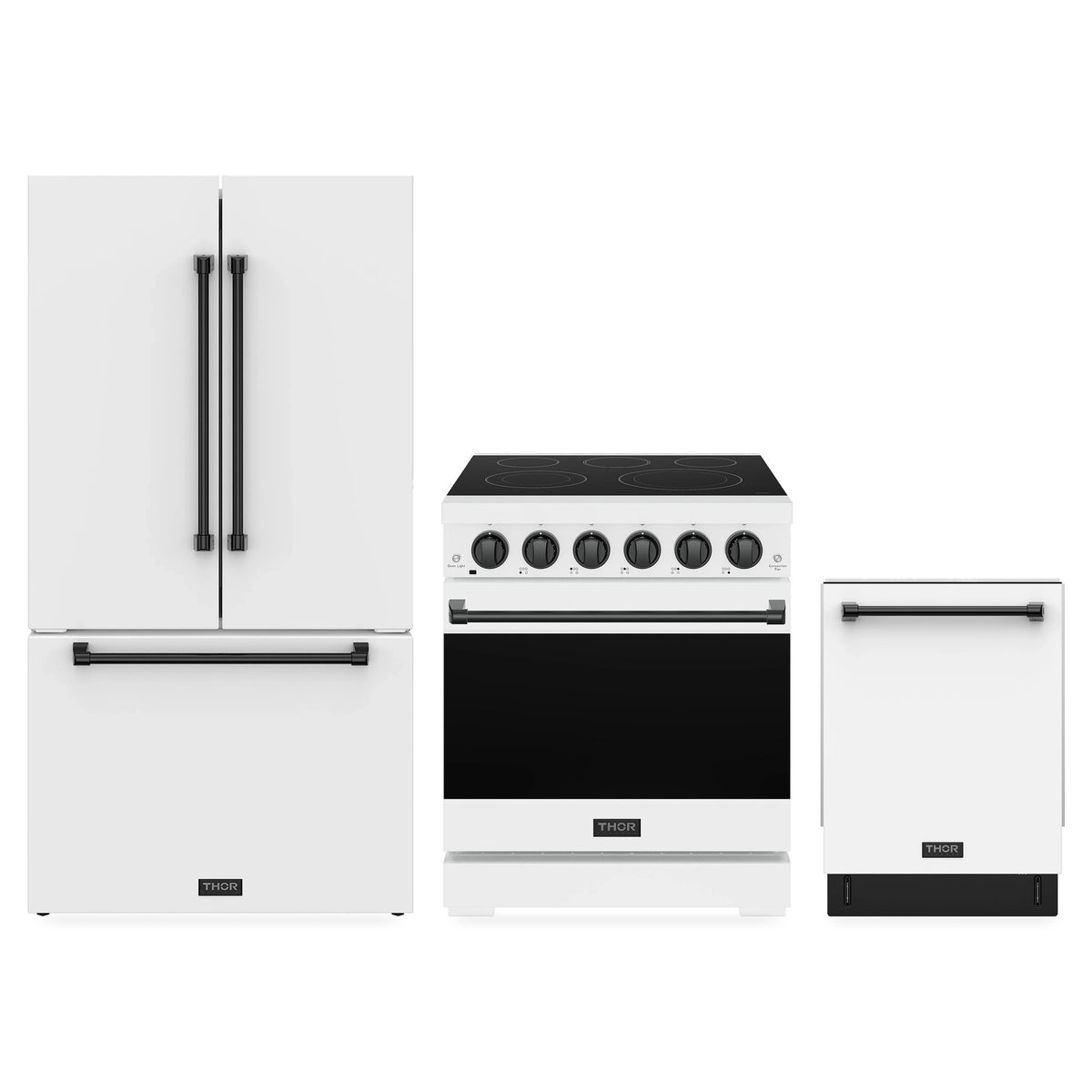Gordon Ramsay by Thor Kitchen 3-Piece Appliance Package - 30-Inch Electric Range, Counter-Depth Refrigerator, & Dishwasher in White with Black Trim