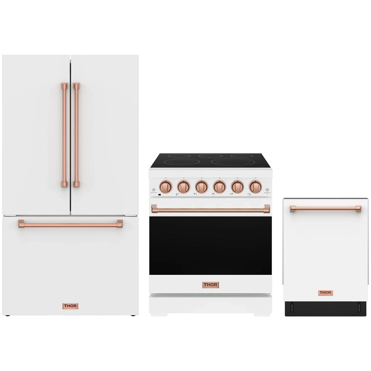 White Gordon Ramsay by Thor Kitchen appliance package with 30-inch electric range, counter-depth refrigerator, dishwasher