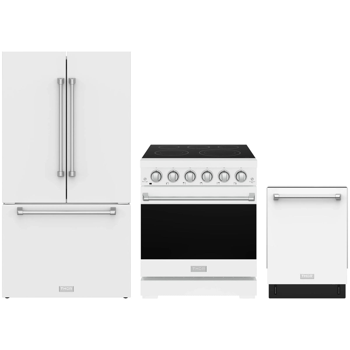 White Gordon Ramsay by Thor Kitchen appliance package with 30-inch electric range, French door refrigerator, dishwasher