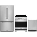 Stainless steel Thor Kitchen appliance package with 30-inch range, counter-depth refrigerator, dishwasher