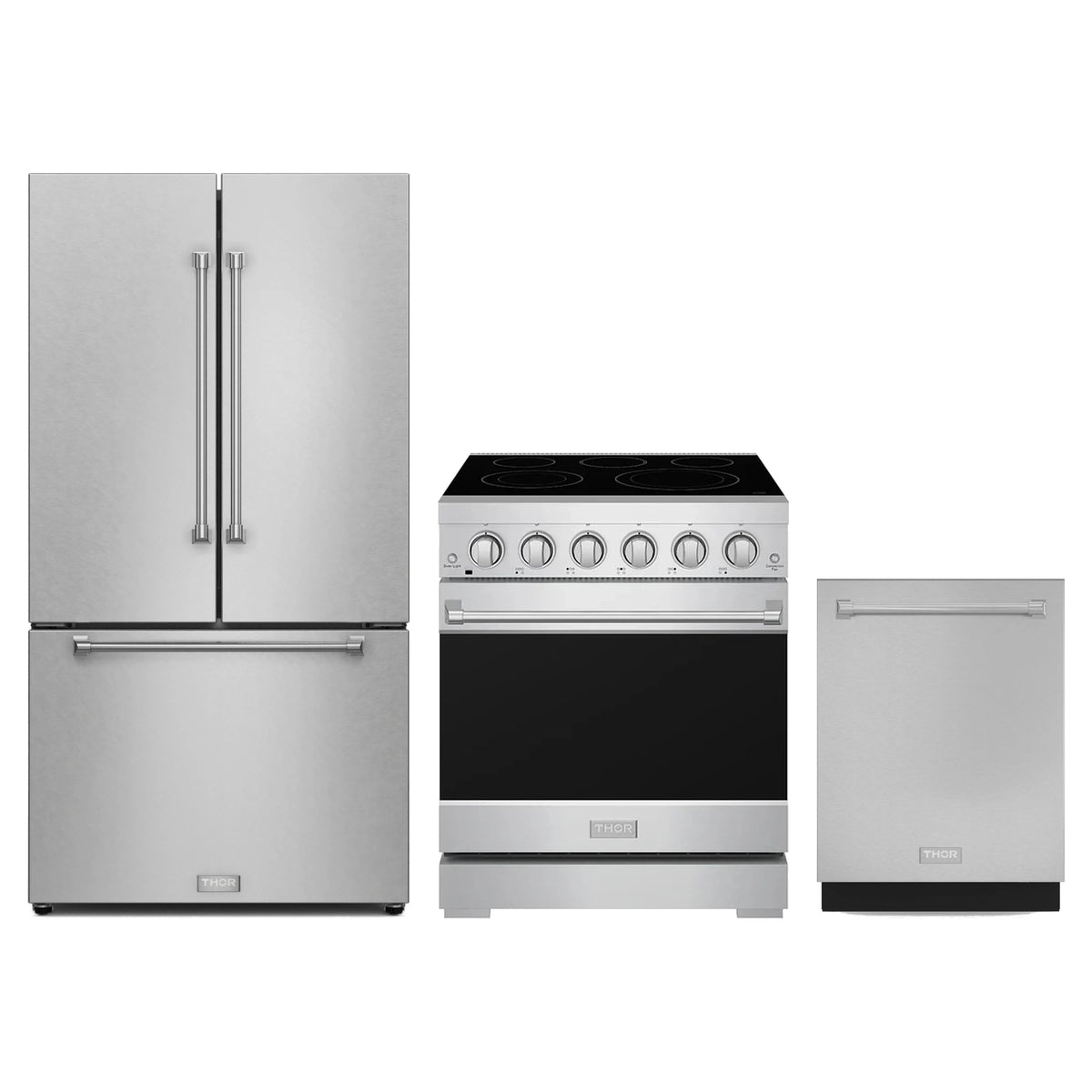 Gordon Ramsay by Thor Kitchen 3-Piece Appliance Package - 30-Inch Electric Range, Counter-Depth Refrigerator, & Dishwasher in Stainless Steel