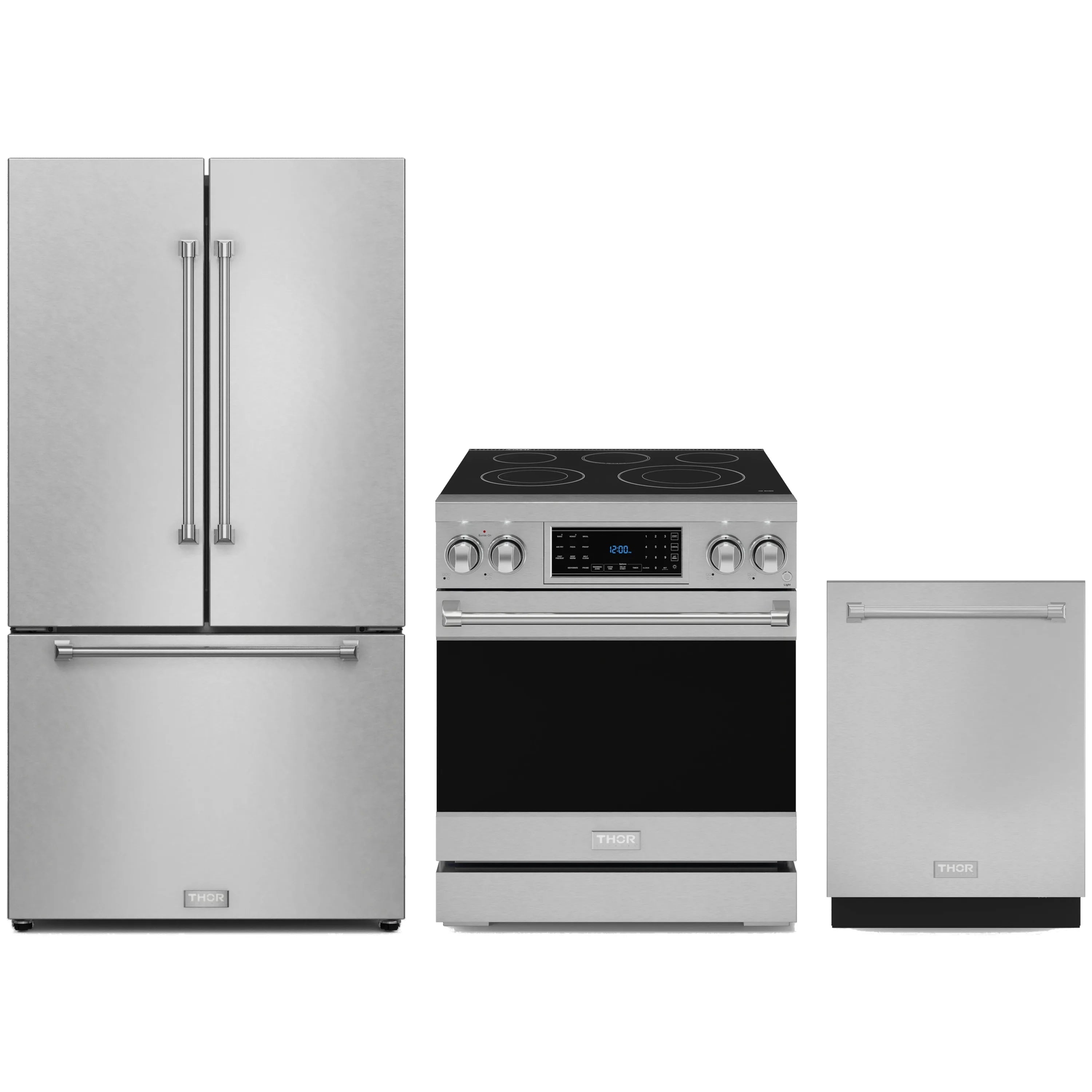 Stainless steel refrigerator, electric range with black cooktop, and dishwasher set