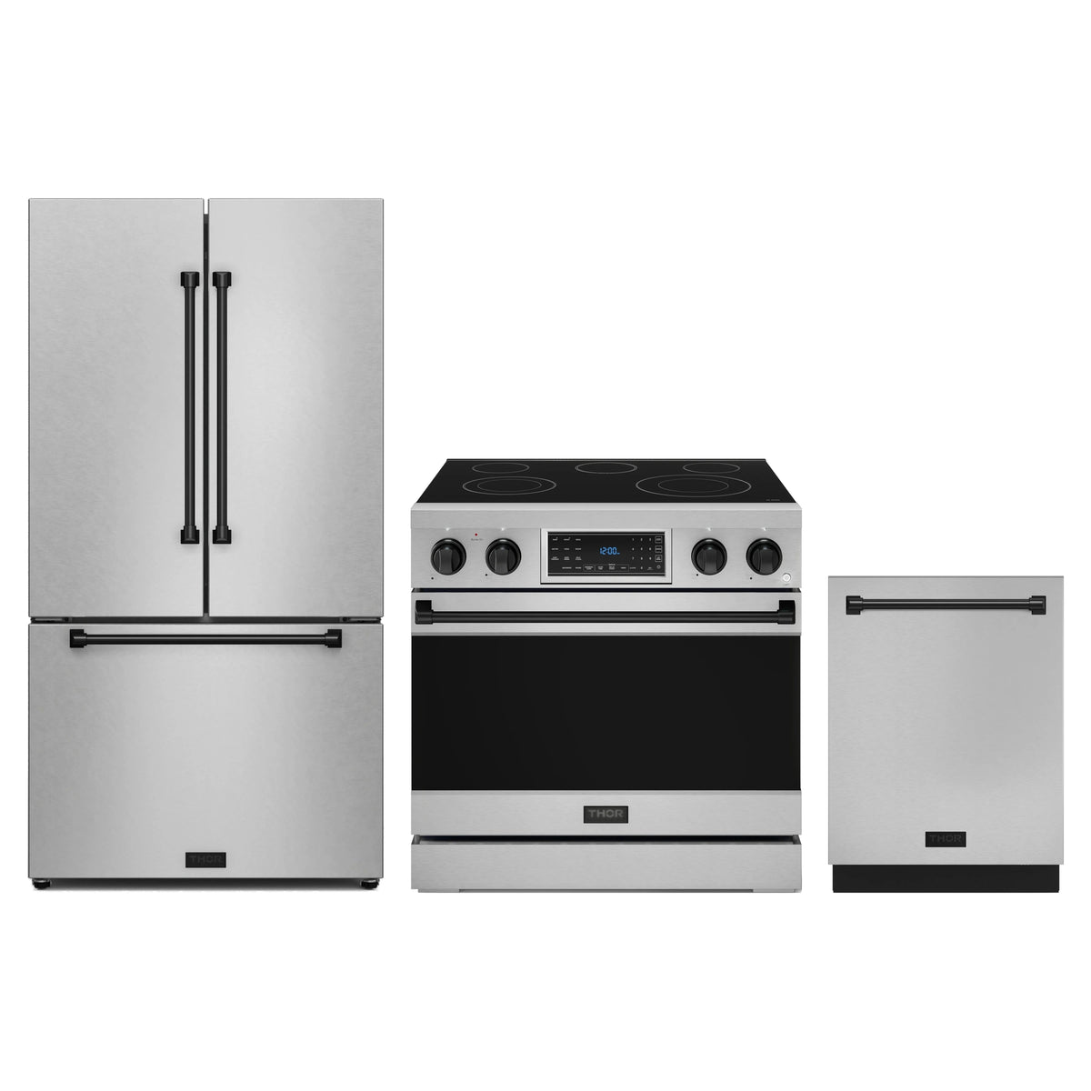Gordon Ramsay by Thor Kitchen 3-Piece Appliance Package - 36-Inch Electric Range with Tilt Panel Touch Control, 36-Inch Refrigerator, and Dishwasher in Stainless Steel with Black Trim