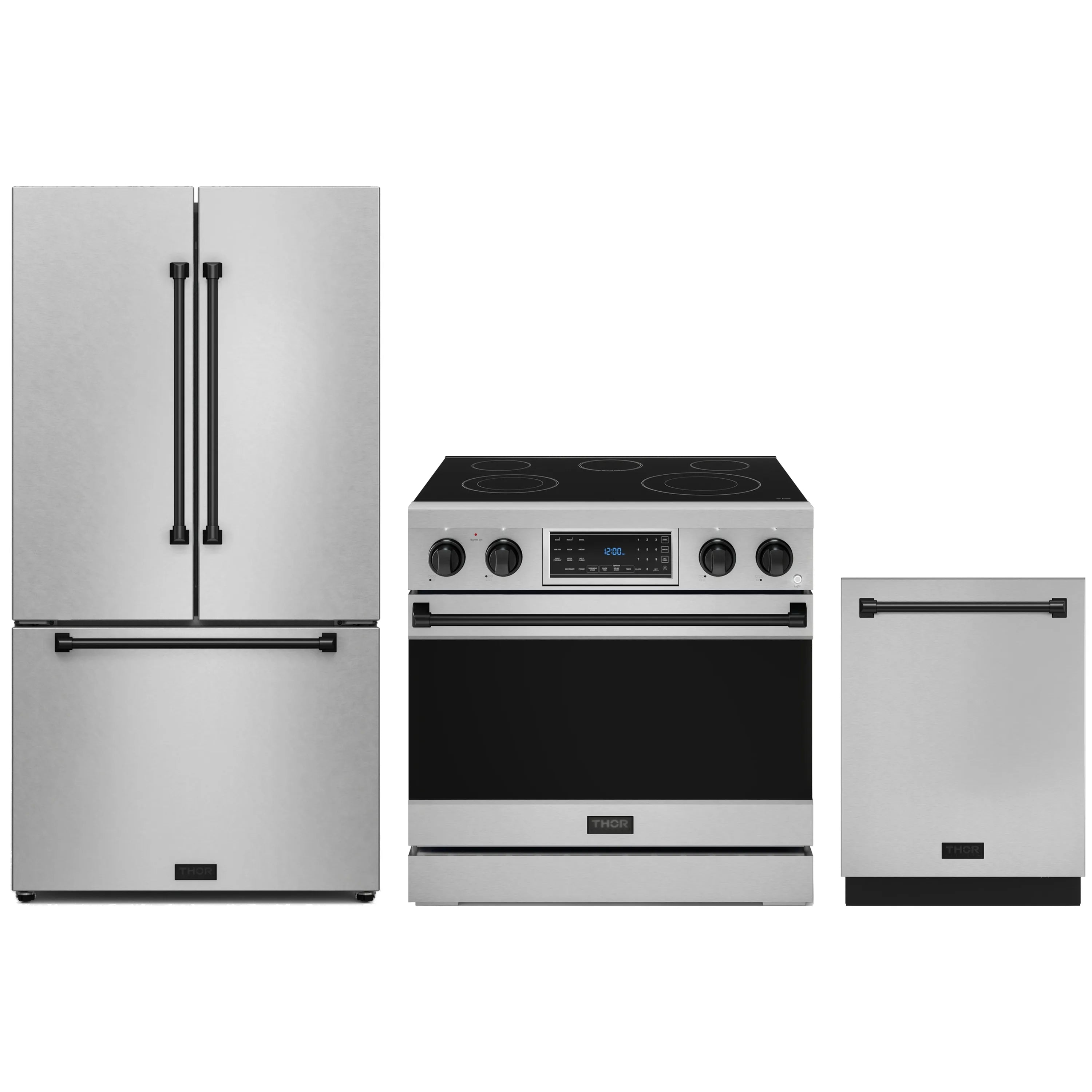3-piece stainless appliance set: refrigerator, electric range, and dishwasher with black trim