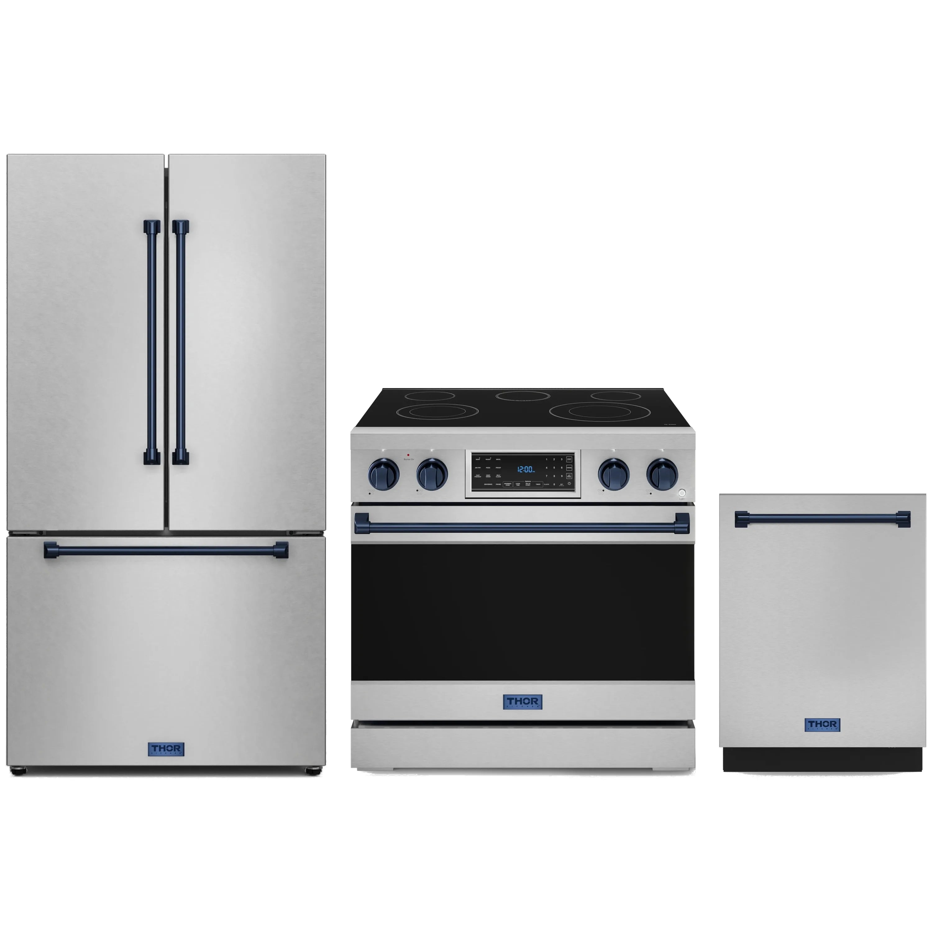 Stainless steel kitchen appliance package with blue trim: range, refrigerator, and dishwasher
