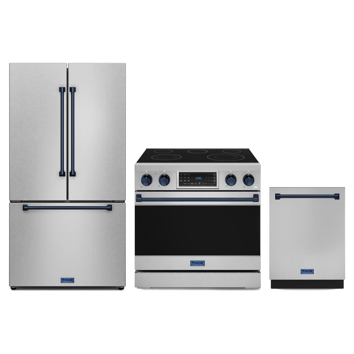Gordon Ramsay by Thor Kitchen 3-Piece Appliance Package - 36-Inch Electric Range with Tilt Panel Touch Control, 36-Inch Refrigerator, and Dishwasher in Stainless Steel with Blue Trim