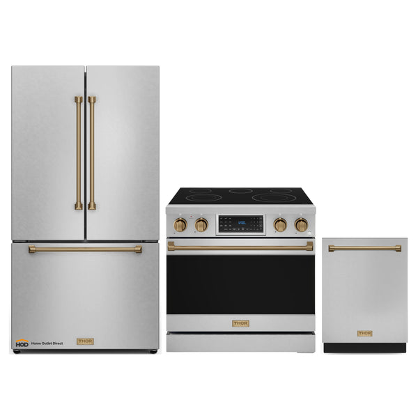 Thor Kitchen Gordon Ramsay 3-Piece Appliance Package - 36-Inch Electric Range with Tilt Panel Touch Control, 36-Inch Refrigerator, and Dishwasher in Stainless Steel with Bronze Trim