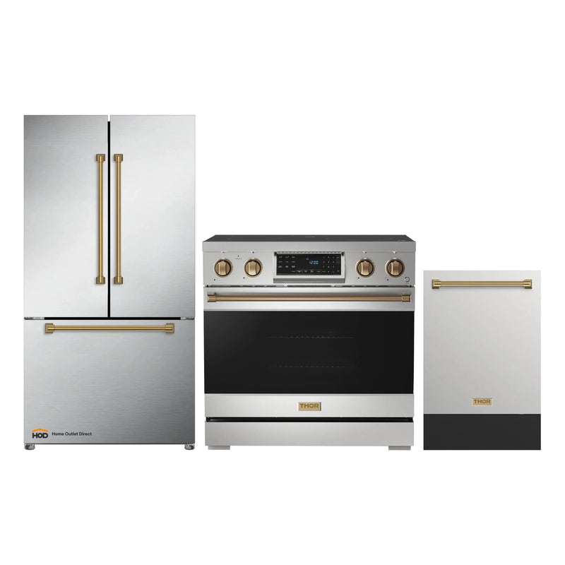 Thor Kitchen Gordon Ramsay 3-Piece Appliance Package - 36-Inch Electric Range with Tilt Panel Touch Control, 36-Inch Refrigerator, and Dishwasher in Stainless Steel with Bronze Trim