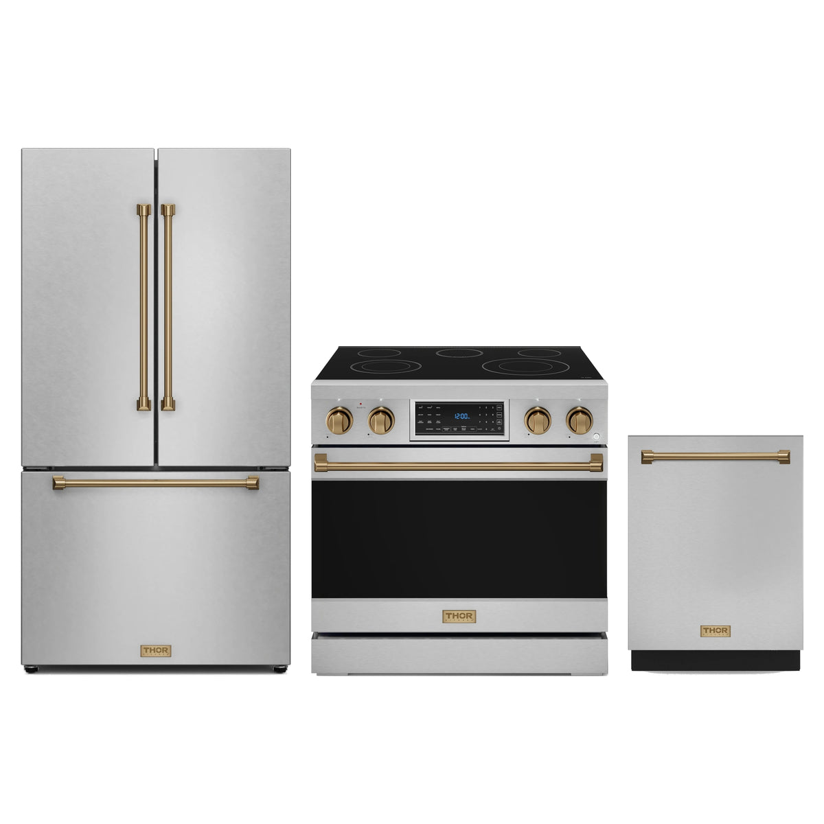 Gordon Ramsay by Thor Kitchen 3-Piece Appliance Package - 36-Inch Electric Range with Tilt Panel Touch Control, 36-Inch Refrigerator, and Dishwasher in Stainless Steel with Bronze Trim