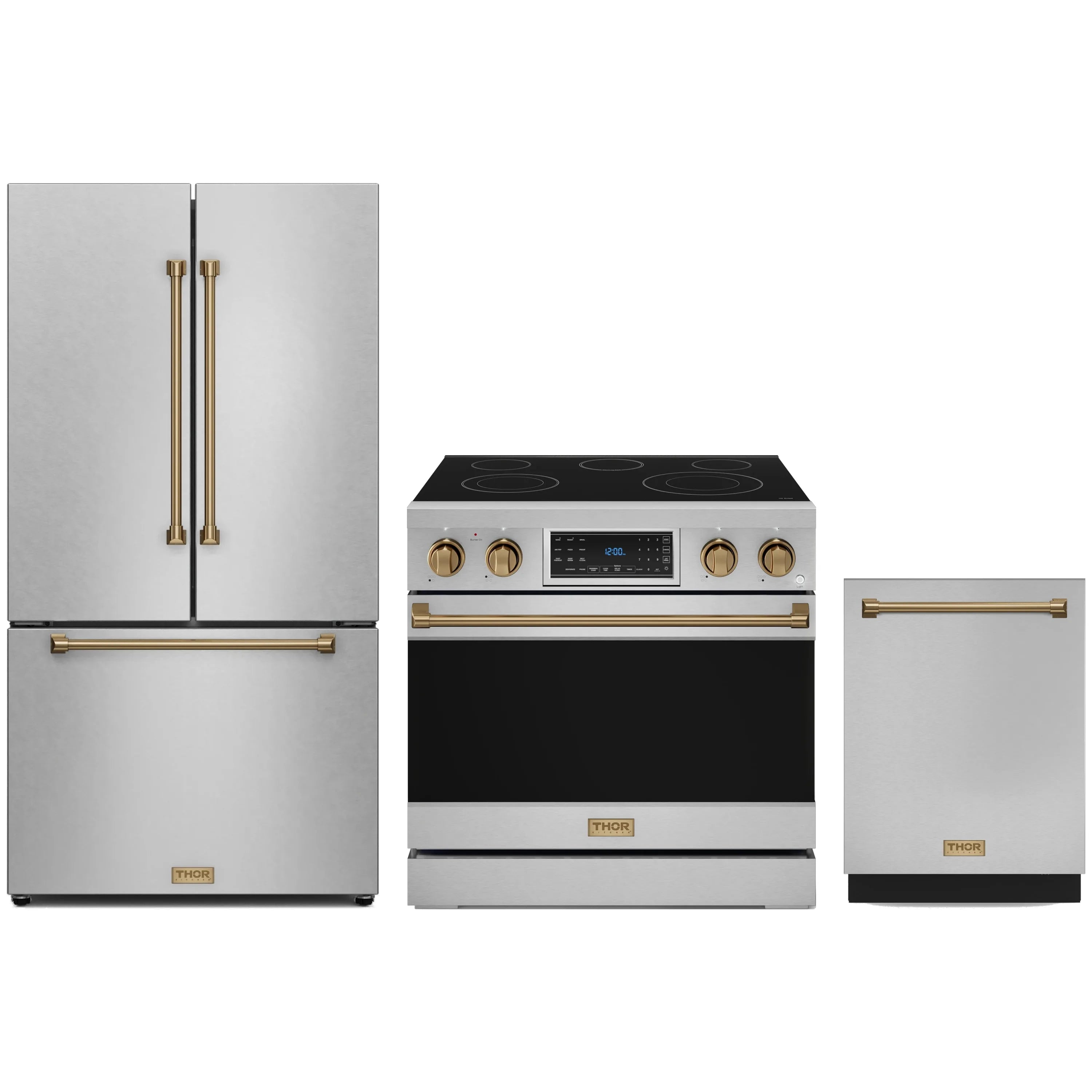 Stainless steel appliance package with bronze trim: refrigerator, electric range, and dishwasher set