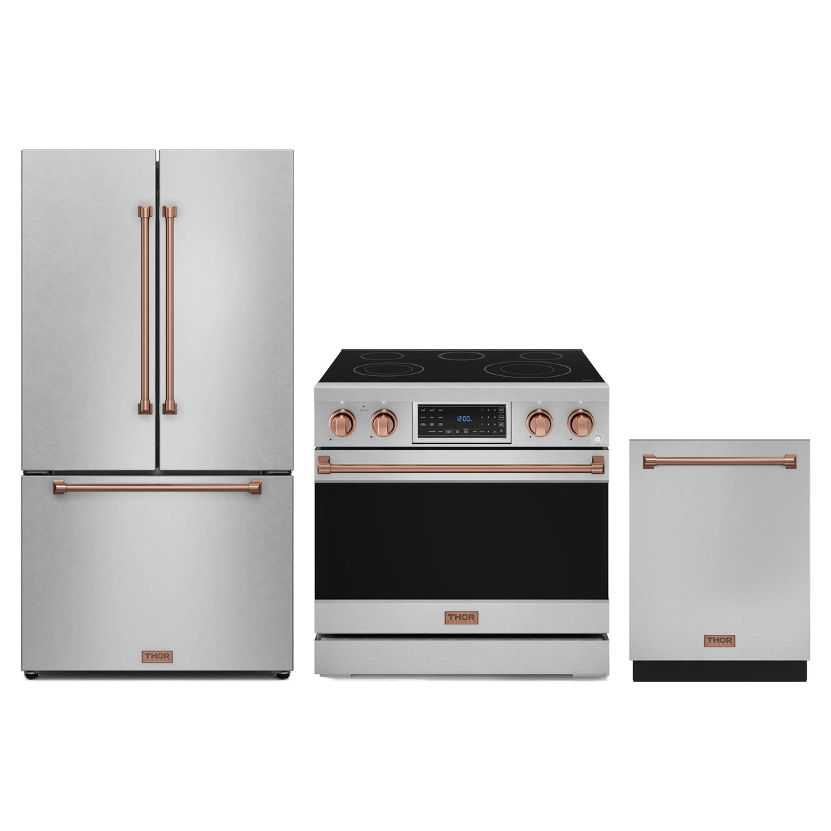 Gordon Ramsay by Thor Kitchen 3-Piece Appliance Package - 36-Inch Electric Range with Tilt Panel Touch Control, 36-Inch Refrigerator, and Dishwasher in Stainless Steel with Rose Gold Trim