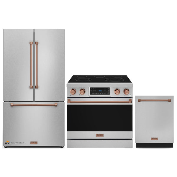 Thor Kitchen Gordon Ramsay 3-Piece Appliance Package - 36-Inch Electric Range with Tilt Panel Touch Control, 36-Inch Refrigerator, and Dishwasher in Stainless Steel with Rose Gold Trim