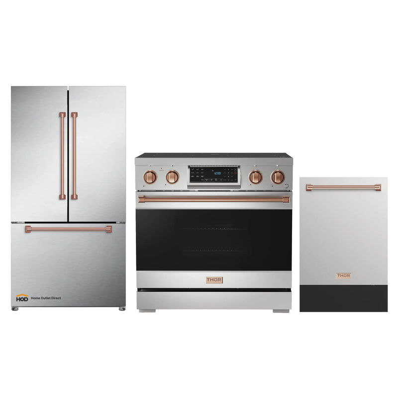 Thor Kitchen Gordon Ramsay 3-Piece Appliance Package - 36-Inch Electric Range with Tilt Panel Touch Control, 36-Inch Refrigerator, and Dishwasher in Stainless Steel with Rose Gold Trim