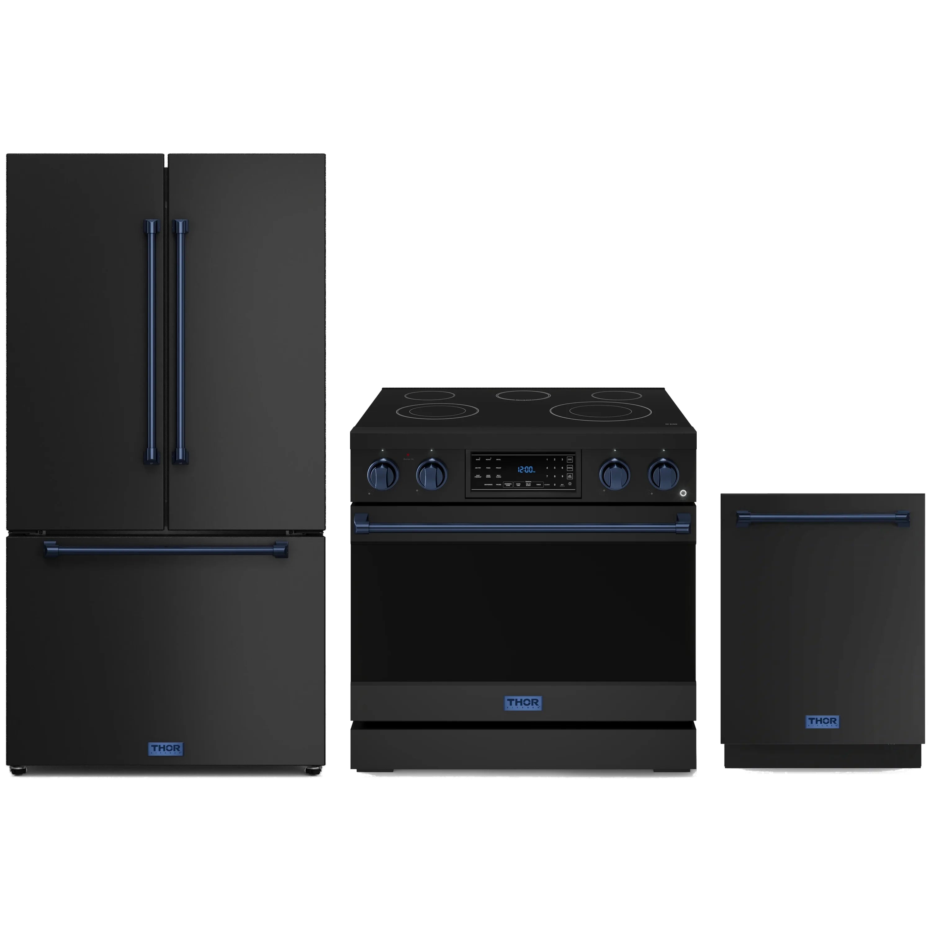 Black appliance package with blue trim: electric range, refrigerator, and dishwasher