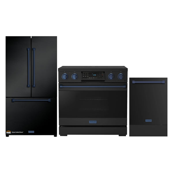 Thor Kitchen Gordon Ramsay 3-Piece Appliance Package - 36-Inch Electric Range with Tilt Panel Touch Control, Refrigerator, and Dishwasher in Black with Blue Trim