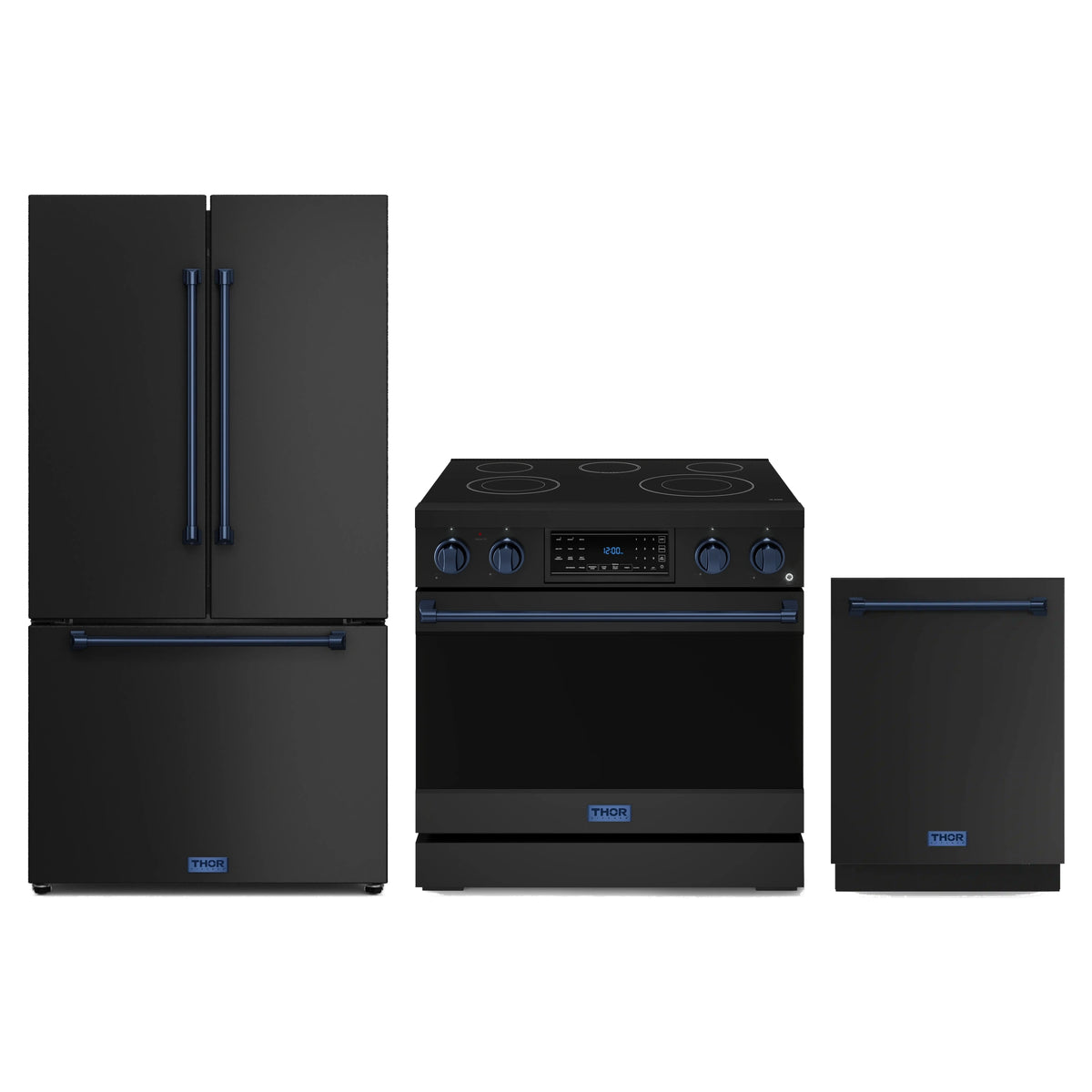 Gordon Ramsay by Thor Kitchen 3-Piece Appliance Package - 36-Inch Electric Range with Tilt Panel Touch Control, 36-Inch Refrigerator, and Dishwasher in Matte Black with Blue Trim