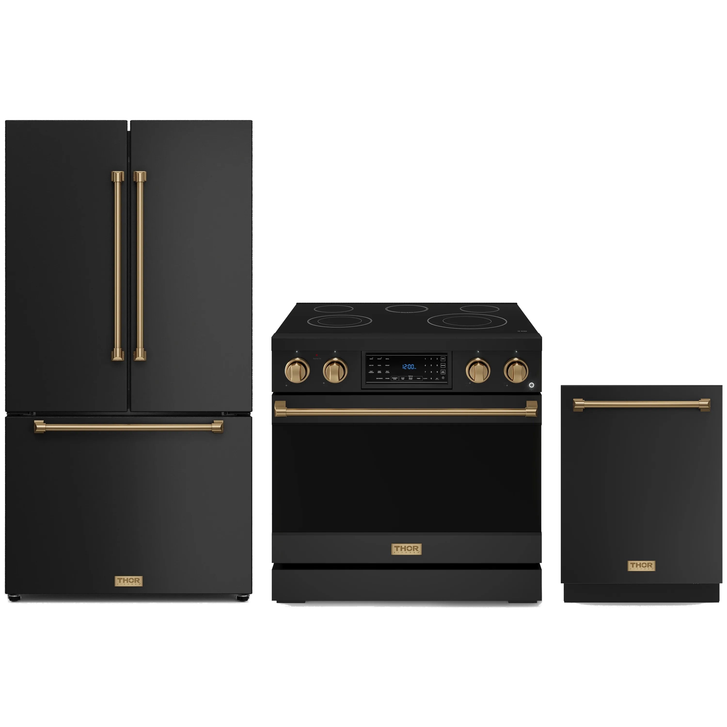 Three-piece black appliance package with bronze trim: fridge, electric range, dishwasher