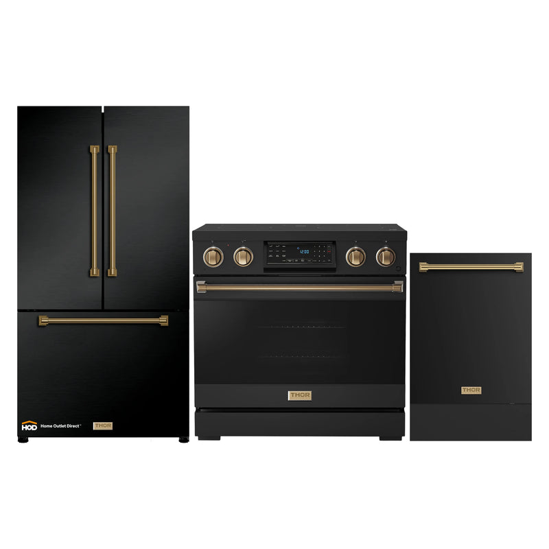 Thor Kitchen Gordon Ramsay 3-Piece Appliance Package - 36-Inch Electric Range with Tilt Panel Touch Control, Refrigerator, and Dishwasher in Black with Bronze Trim