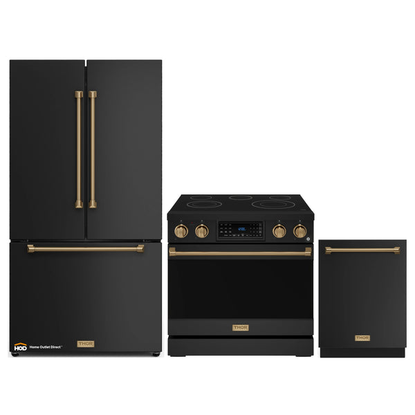 Thor Kitchen Gordon Ramsay 3-Piece Appliance Package - 36-Inch Electric Range with Tilt Panel Touch Control, 36-Inch Refrigerator, and Dishwasher in Black with Bronze Trim