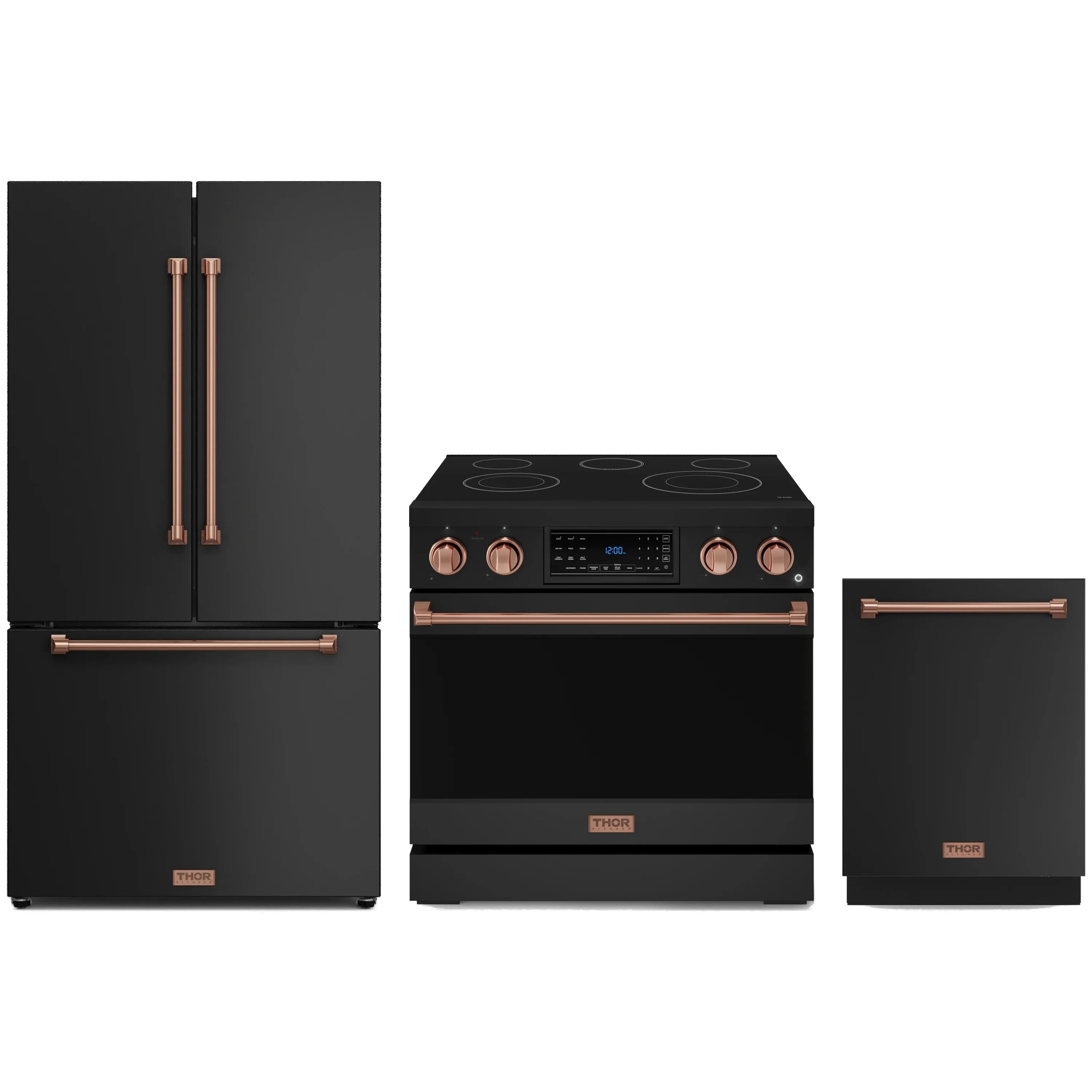 3-piece black appliance set: electric range, refrigerator, and dishwasher with rose gold trim
