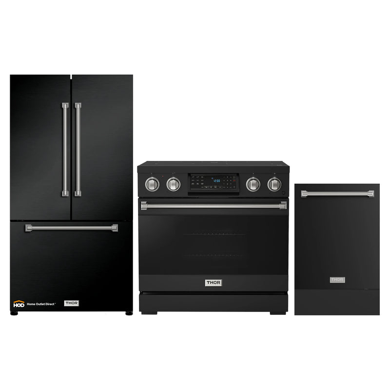 Thor Kitchen Gordon Ramsay 3-Piece Appliance Package - 36-Inch Electric Range with Tilt Panel Touch Control, 36-Inch Refrigerator, and Dishwasher in Black with Stainless Steel Trim