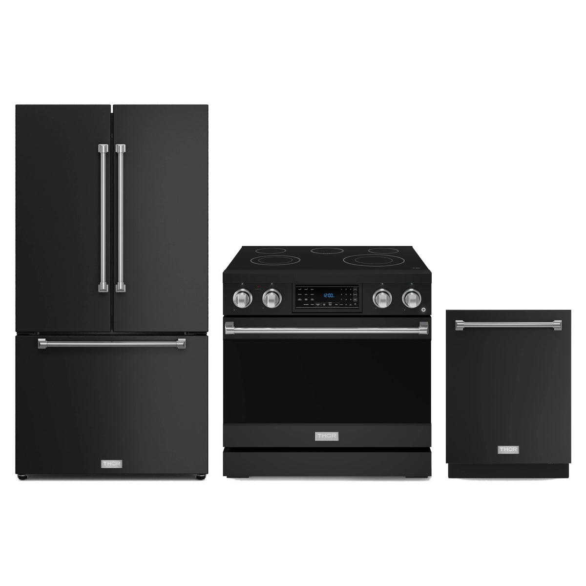 Gordon Ramsay by Thor Kitchen 3-Piece Appliance Package - 36-Inch Electric Range with Tilt Panel Touch Control, 36-Inch Refrigerator, and Dishwasher in Matte Black with Stainless Steel Trim