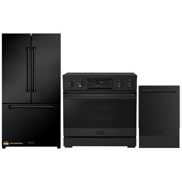 Thor Kitchen Gordon Ramsay 3-Piece Appliance Package - 36-Inch Electric Range with Tilt Panel Touch Control, Refrigerator, and Dishwasher in Black