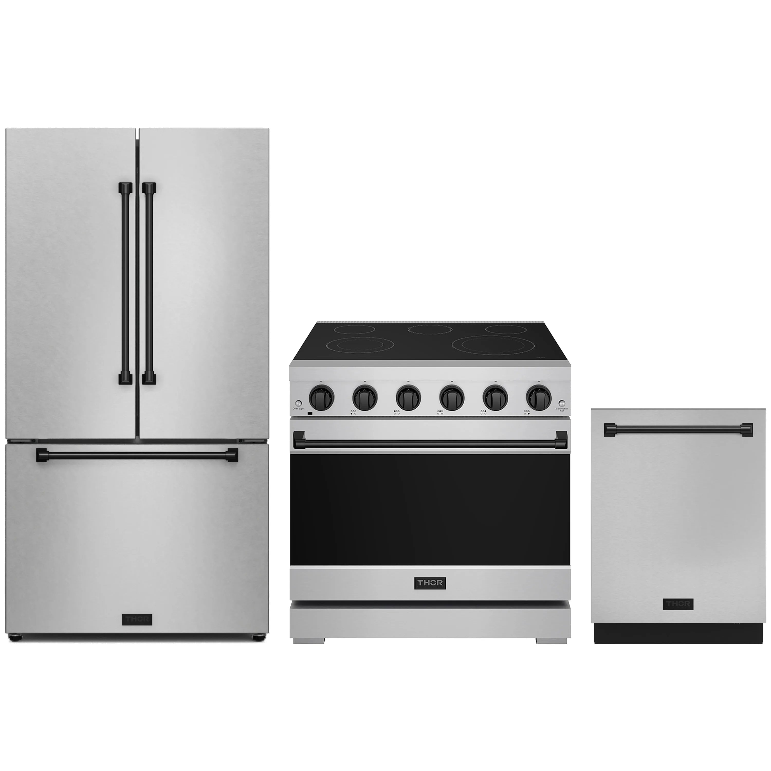 Stainless electric range with black cooktop, counter-depth refrigerator and dishwasher