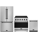 Stainless steel Thor Kitchen appliance package with 36-inch range, counter-depth refrigerator, dishwasher