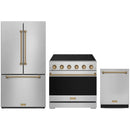 Stainless steel Thor Kitchen appliance package with 36-inch range, counter-depth refrigerator, dishwasher
