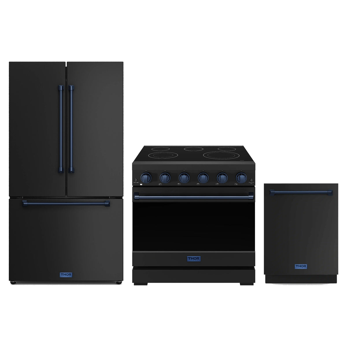 Gordon Ramsay by Thor Kitchen 3-Piece Appliance Package - 36-Inch Electric Range, Counter-Depth Refrigerator, & Dishwasher in Matte Black with Blue Trim