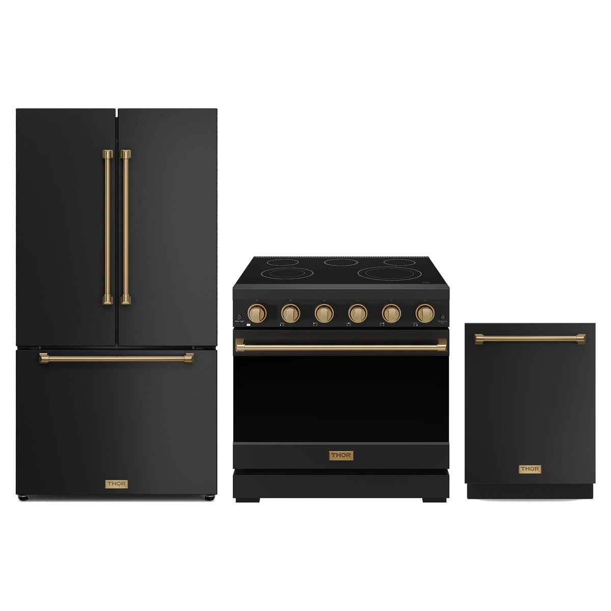 Gordon Ramsay by Thor Kitchen 3-Piece Appliance Package - 36-Inch Electric Range, Counter-Depth Refrigerator, & Dishwasher in Matte Black with Bronze Trim