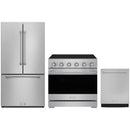 Stainless steel Thor Kitchen appliance package with 36-inch range, counter-depth refrigerator, dishwasher