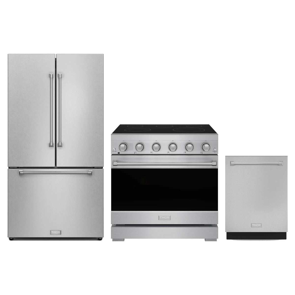 Gordon Ramsay by Thor Kitchen 3-Piece Appliance Package - 36-Inch Electric Range, Counter-Depth Refrigerator, & Dishwasher in Stainless Steel