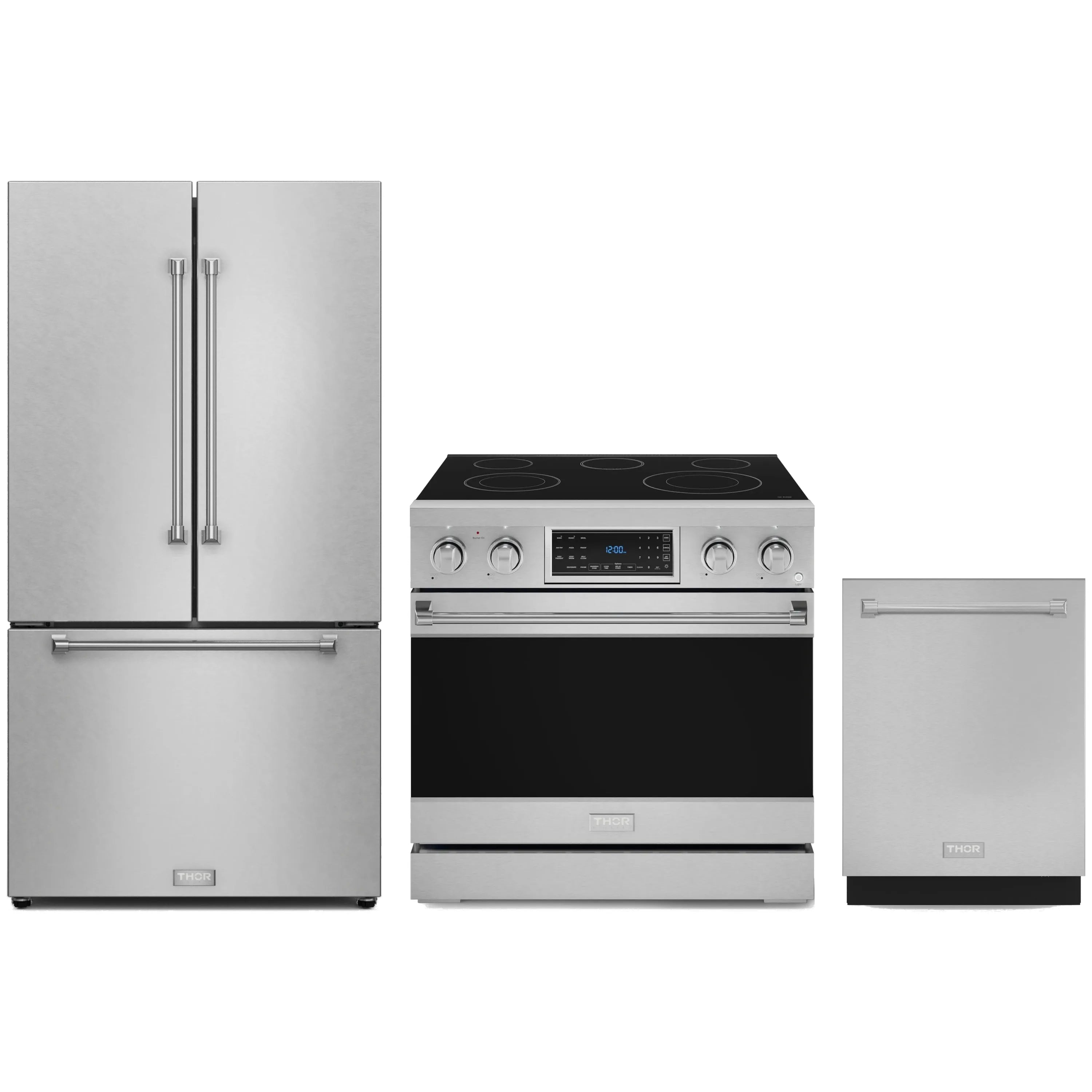Stainless steel 3-piece kitchen appliance set with refrigerator, electric range, and dishwasher