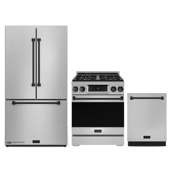 Thor Kitchen Gordon Ramsay 3-Piece Appliance Package - 30-Inch Gas Range with Tilt Panel, 36-Inch Refrigerator, and Dishwasher in Stainless Steel with Black Trim