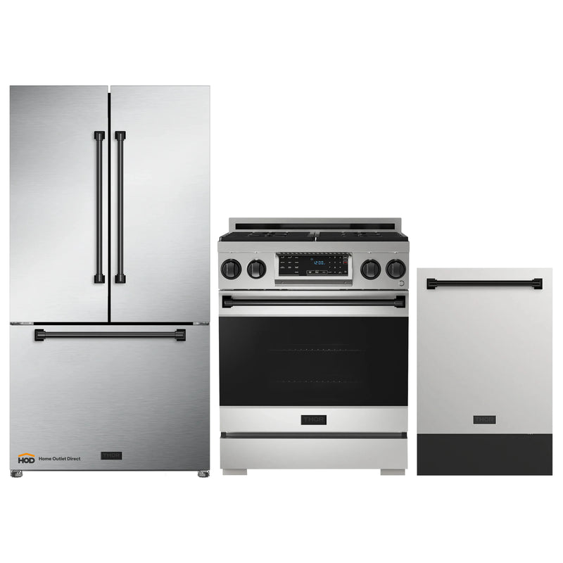 Thor Kitchen Gordon Ramsay 3-Piece Appliance Package - 30-Inch Gas Range with Tilt Panel, Refrigerator, and Dishwasher in Stainless Steel with Black Trim