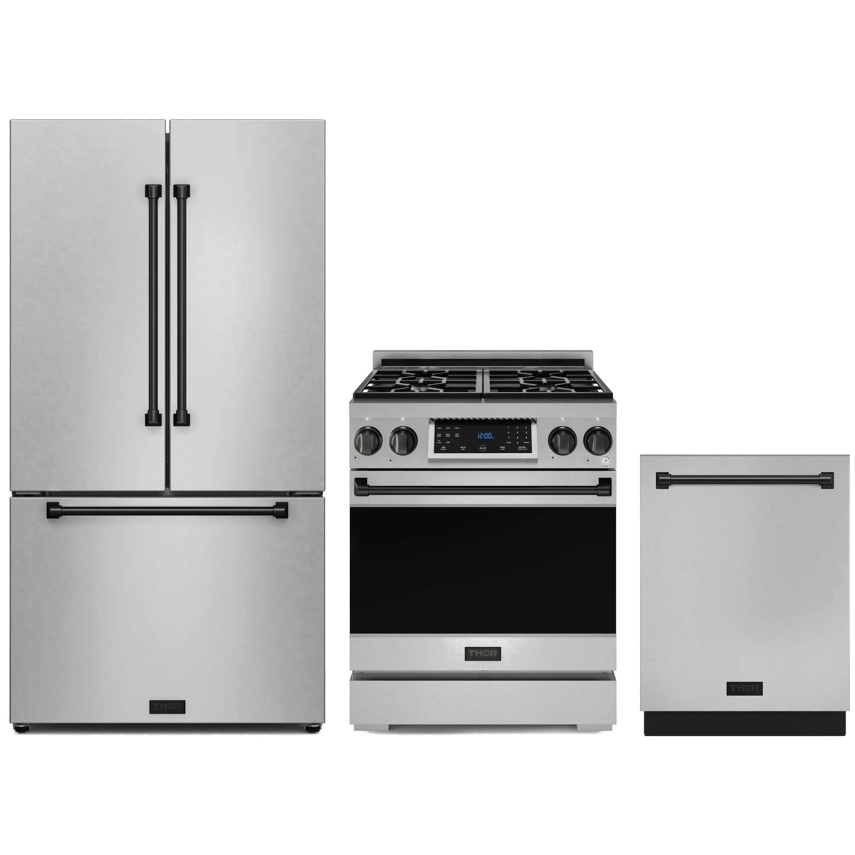 Stainless steel 3-piece kitchen appliance package with black trim: range, fridge, dishwasher