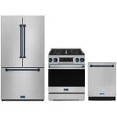 Gordon Ramsay by Thor Kitchen 3-Piece Appliance Package - 30-Inch Propane Gas Range, Tilt Panel, 36-Inch Refrigerator, and Dishwasher in Stainless Steel with Blue Trim